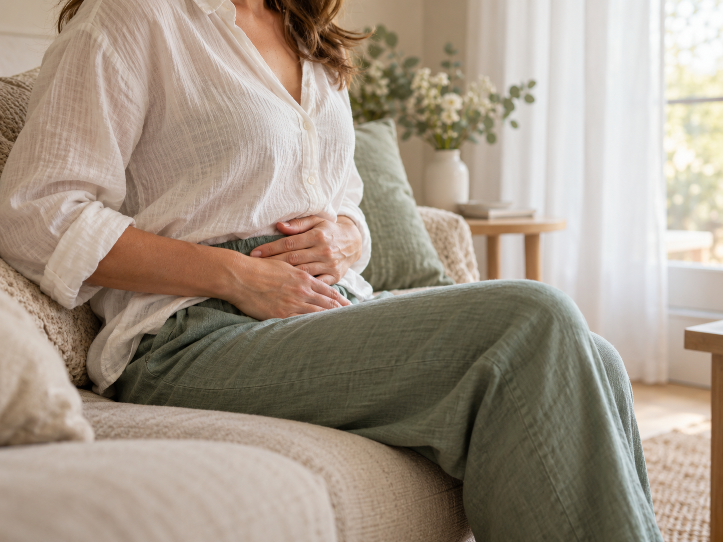 Femme assise près d’une fenêtre, les mains posées doucement sur son ventre