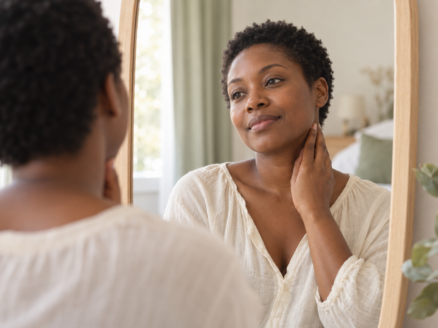 Femme aux cheveux courts regardant son reflet dans un miroir, dans une lumière douce