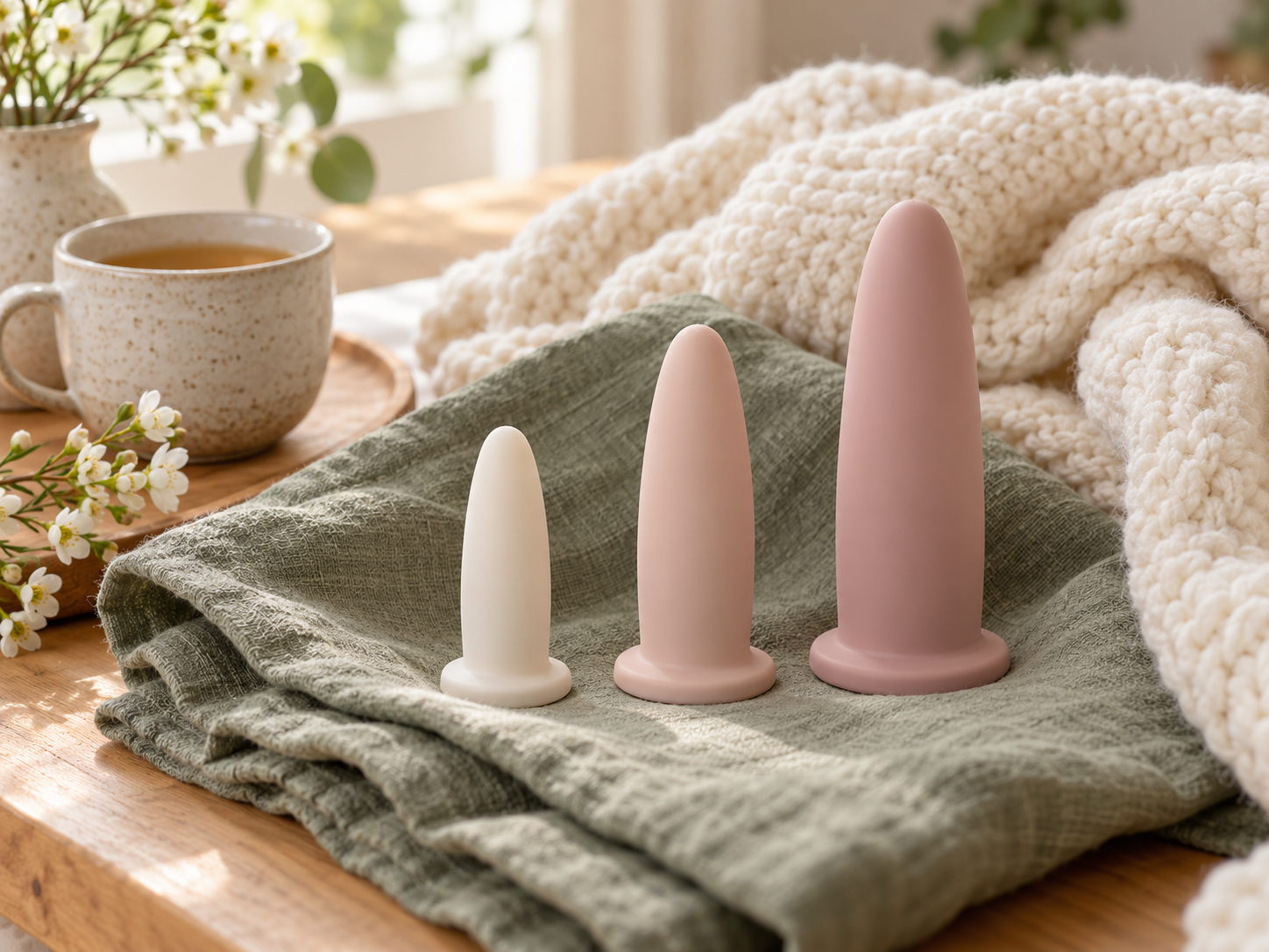 Trois dilatateurs vaginaux de tailles différentes, disposés sur un tissu en lin vert sauge