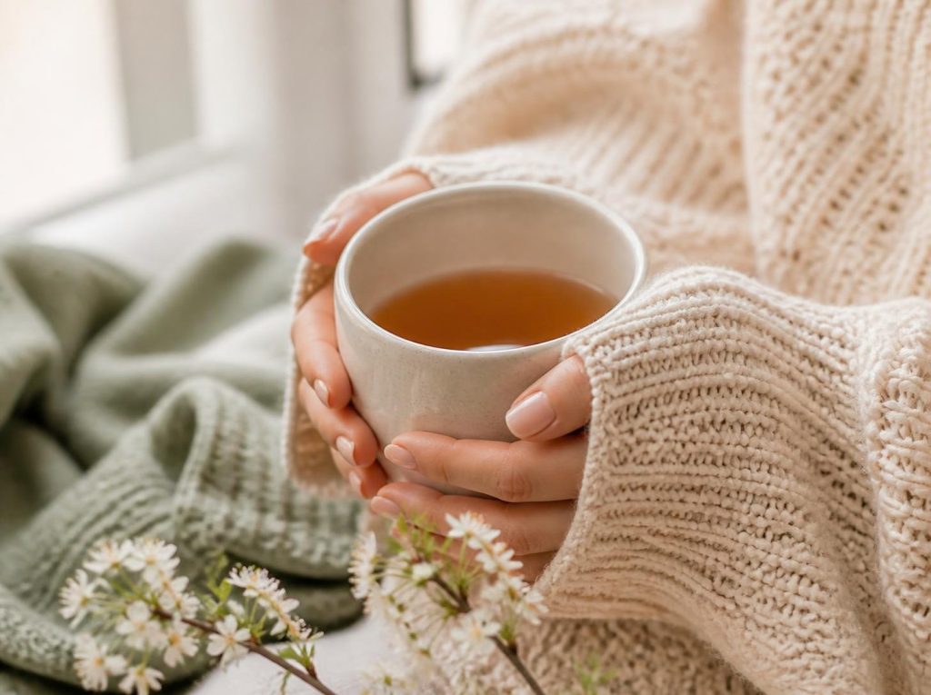 Deux mains dans un pull en laine tenant une tasse de thé, près d'une fenêtre, avec un plaid vert et une branche fleurie